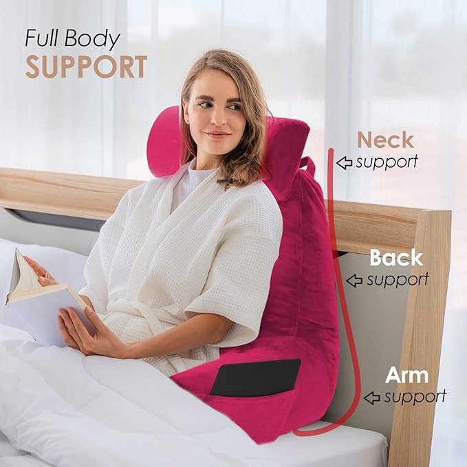 Nestl Reading Pillow Large Bed Pillow, Back Pillow for Sitting in Bed Shredded Memory Foam Chair Pillow, Reading & Bed Rest Pillows Hot Pink Back Pillow for Bed, Bed Chair Arm Pillow with Pockets