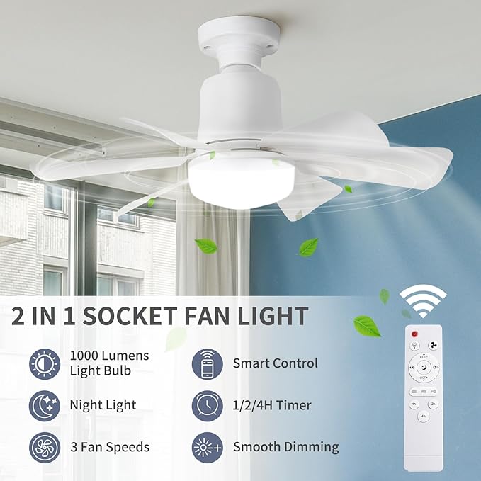 Socket Fan Light with Remote, 3 Color Ceiling Fans with Lights, Dimmable Small Led Ceiling Fan with E26 Base, 1000 Lumens Screw in Ceiling Fan Light for Bedroom, Kitchen, Living Room