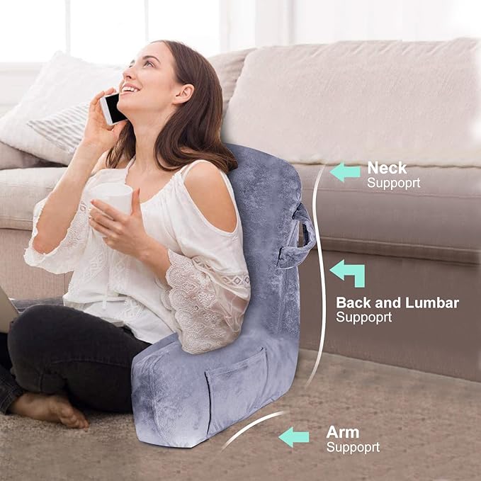 SLIGUY Reading Pillow Standard Bed Pillow for Sitting in Bed Couch or Floor-Backrest with Arms Support and Pockets, Adult Back Pillow Bed Chair for Bed Rest, Reading, Watching TV,Gaming, Grey