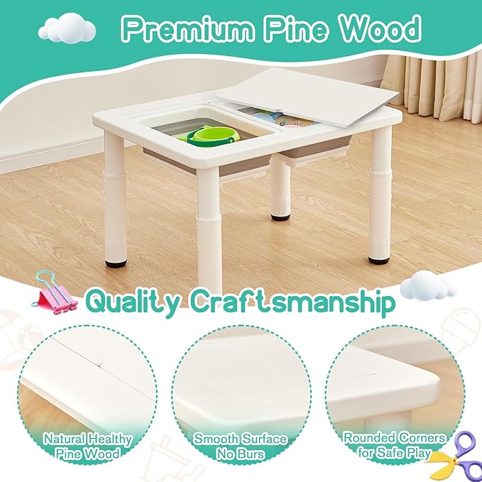 FUNLIO Wooden Sensory Table with 2 Bins for Toddlers 1-5, 4-Level Height Adjustable Kids Sensory Table with Anti-Warping Plywood Lid, Indoor/Outdoor Play Sand and Water Table, CPC Certified, White