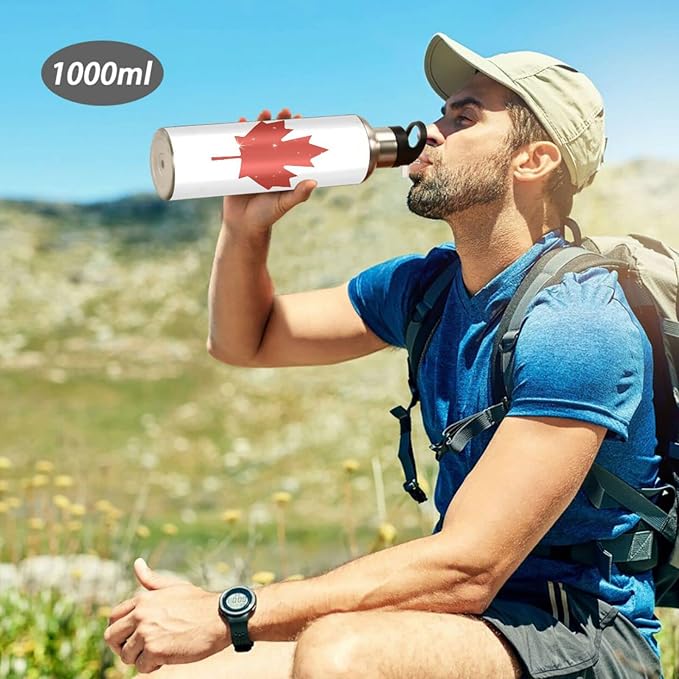 Canadian Flag Sports Water Bottle, Double Wall Vacuum Insulated Stainless Steel Water Bottle with Straw Keeps Hot and Cold, Bike Running Sports Travel Gym 20oz