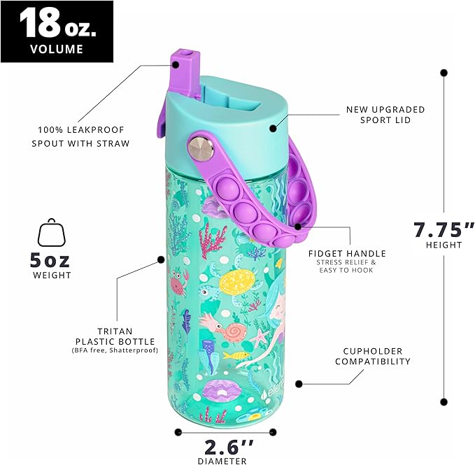 Elemental Leak Proof Water Bottles for Kids - Splash Kids Water Bottle for School with Fun Fidget Pop-it Handle - Tritan Plastic Water Bottle with Straw - Mermaid & Rose - 18oz (2 Pack)
