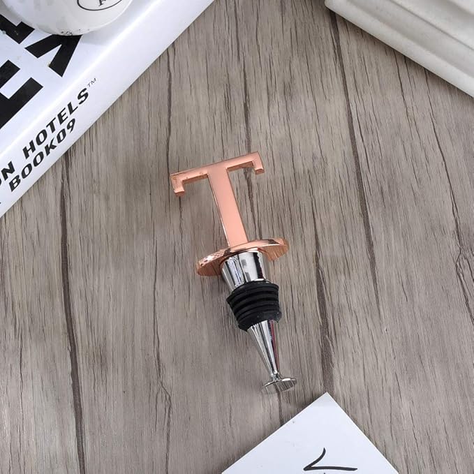 Miicol Wine Stoppers for Wine Bottles Toppers, Monogramm Cute Wine Accessories Gifts for Family Friends Women or Engagement Decorative, First Name Initial Letter T, Rose Gold