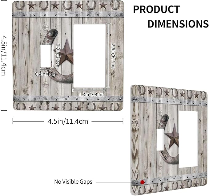 Rustic Western Wood Barn Door Horseshoe Iron Star 2 Gang Single Toggle Rocker Combination Light Switch Covers Wall Plate Cover Electrical Faceplate Decorative Switchplate for Farmhouse Bedroom