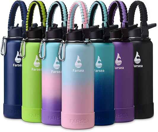 Farsea Insulated Water Bottle With Paracord Handle, Protective Boot and 2 Lids (Straw Lid & Spout Lid), Stainless Steel Water Bottle Wide Mouth, Double Wall Sweat-Proof BPA-Free, 40 oz