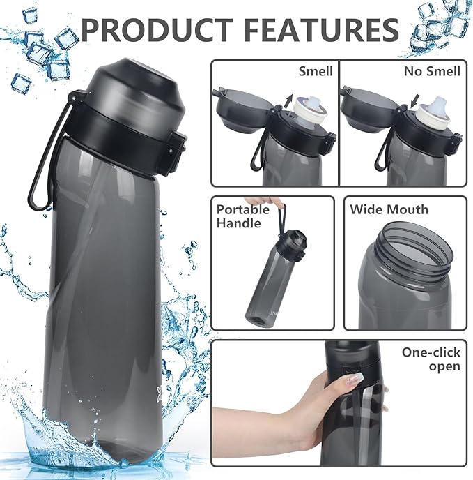 Water Bottle,650ml Water Bottle,Water Bottle with Flavor Pods,Leak Proof Sports Water Cup with Straw,Water Bottle Suitable for Outdoor Sports(Black)