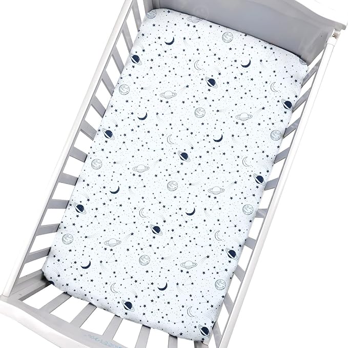 JISEN Baby Crib Sheet 1 Piece Portable Fitted Crib Sheet for Standard Crib and Toddler Mattresses Nursery Bed Decor for Boys Girls 28x52 Inch Stars Planets