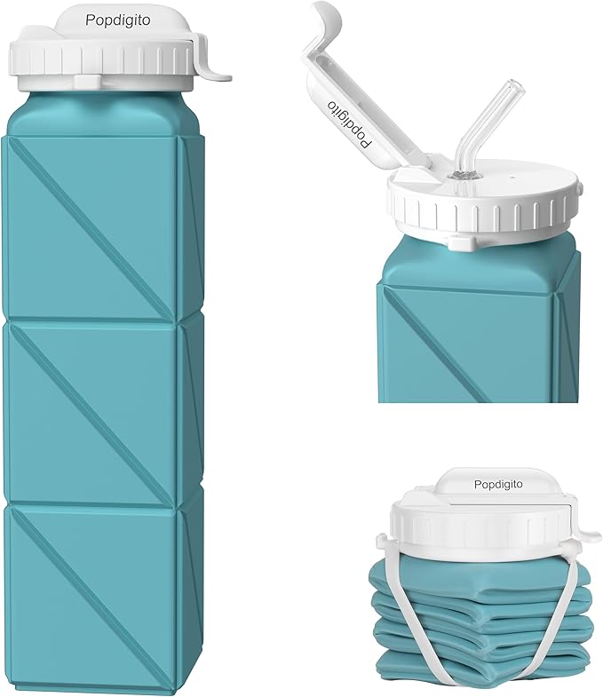 Collapsible Water Bottles 20.7oz Leakproof with Straw Lid Food-Grade BPA-Free Silicone Travel Foldable Water Bottles for Sports Office Gym Hiking Driving 610ML (Type2 Green)