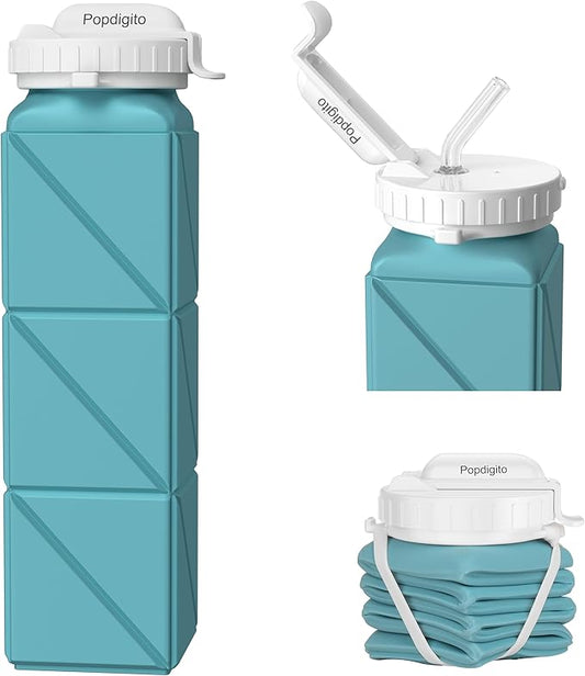 Collapsible Water Bottles 20.7oz Leakproof with Straw Lid Food-Grade BPA-Free Silicone Travel Foldable Water Bottles for Sports Office Gym Hiking Driving 610ML (Type2 Green)