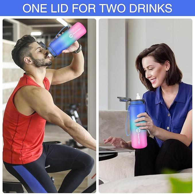 PHIXTON Water Bottle 32 OZ With Removable Straw, With or NO Straw, 32OZ BPA Free Thick Tritan Plastic Flip Top Waterbottle, Motivational Time Marker Leak Proof Water Jugs For Drinking Sports Travel