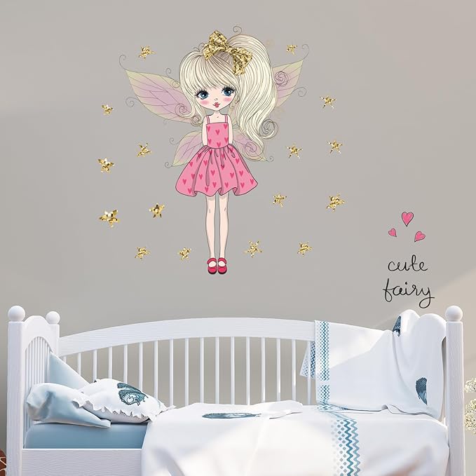 Pink Cute Butterfly Girl Wall decals for Girls Bedroom Princess Gold Stars Kids Room Decor Removable Fairy Stickers Vinyl Wall Murals Peel and Stick for Playroom Classroom Living Room Nursery