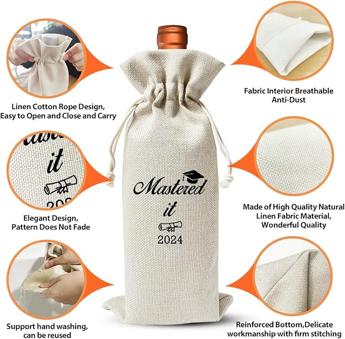 Masters Degree Gift Wine Bag For Bachelors Grad, Funny Masters Graduation Party Decoration, Mastered It 2024, Graduation Party Decoration, Farewell Masters Degree Gift, Reusable Drawstring Burlap Bag
