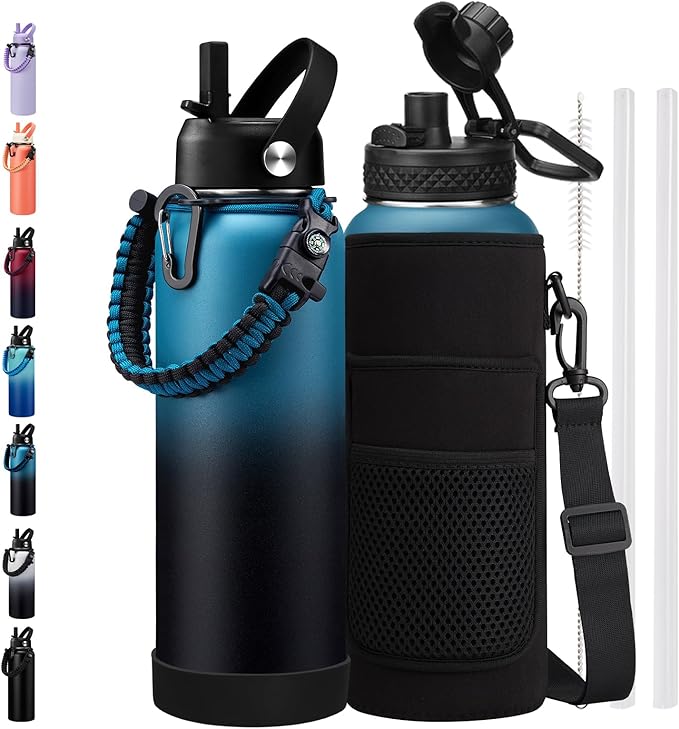Insulated Water Bottle 40 oz - Keep Cold 48H & Hot-24H, Metal Water Bottle with Straw & Auto Spout Lid, Paracord Handle, Bottle Carrier Bag, Leak Proof Hydro Thermal Flask for Hiking Cycling Sport