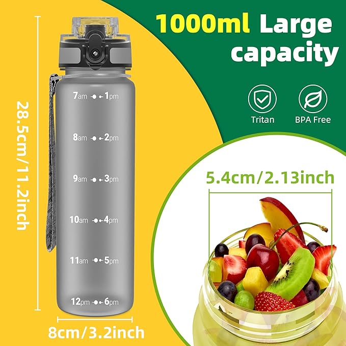 OLDLEY 32 oz Water Bottle, Motivational Water Bottle with Time Marker, Sports Water Bottle With Strap, Leakproof & BPA Free Large Water Bottles for School, Gym, Travel, Outdoor, Tritan,Gray