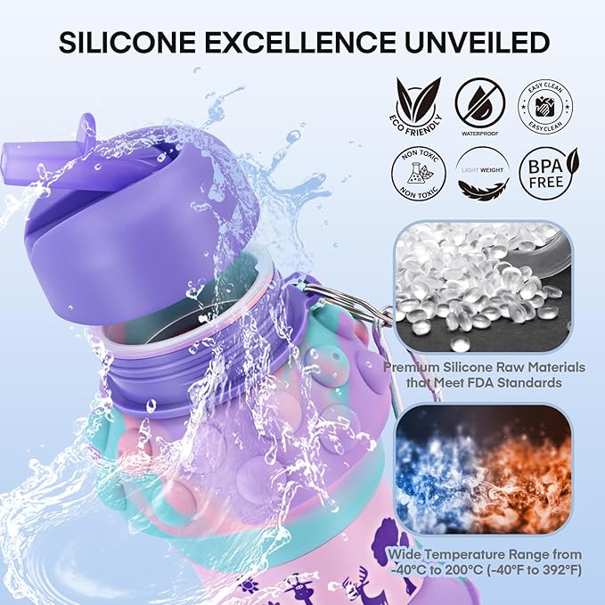 Kids Sports Collapsible Water Bottle | Ball Shaped Drinking Cup | Foldable BPA Free Leakproof Lightweight Silicon Jug | School Lunch Mug Team Gift Travel (Bubble Animal 550ml/18.6oz)