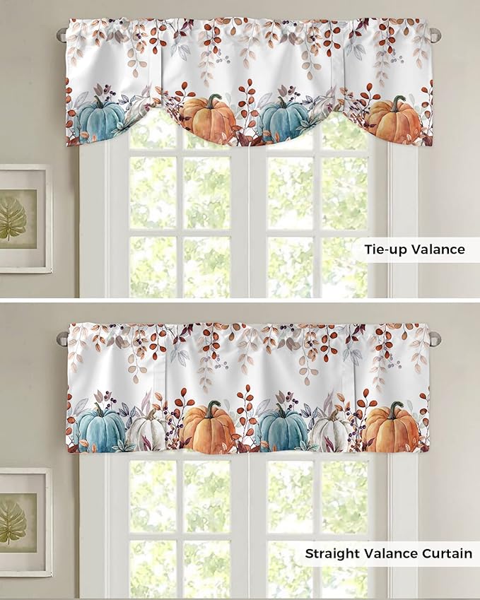 Fall Thanksgiving Blackout Tie Up Valance Curtains for Kitchen Windows Watercolor Autumn Pumpkins Eucalyptus Leaves Window Toppers Balloon Shades for Living Room/Bathroom/Bedroom,54" X 18",Blue Orange