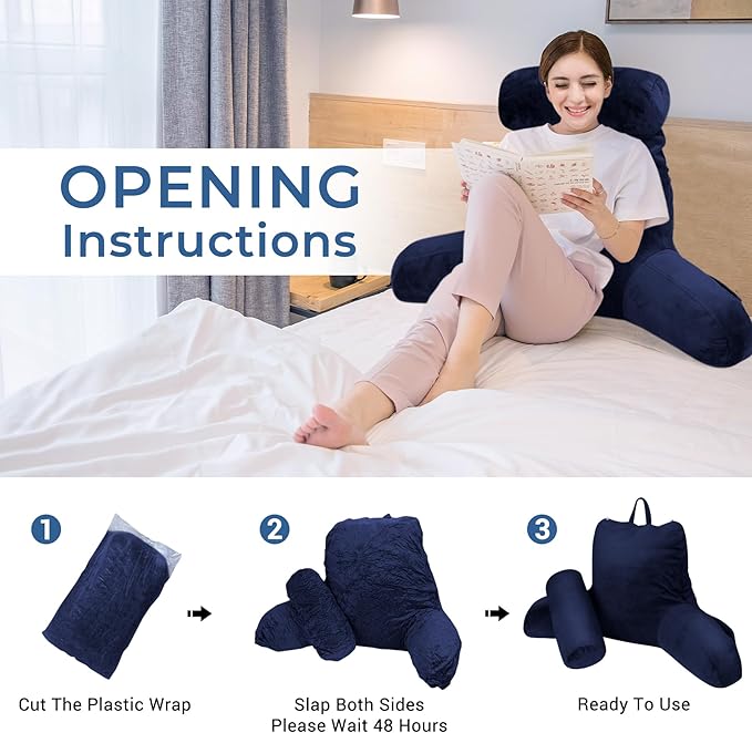 COOLBEBE Reading Pillow for Bed Backrest Pillow for Bed Sitting Up Adult with Arms Navy Back Support Pillow with Headrest & Pockets, Removable Washable Cover and Detachable Neck Roll(Extra Large 27")