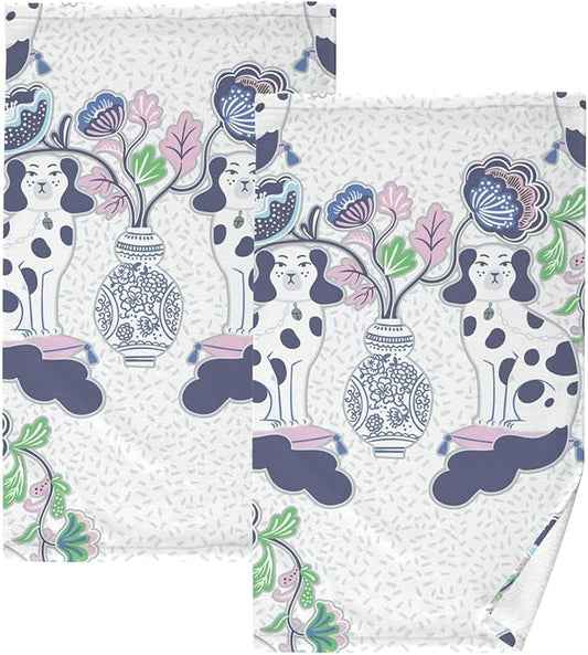 Staffordshire Dogs Chinoiserie Style Bath Hand Towel Soft Cotton Highly Absorbent Fingertip Towels for Bathroom Beach Kitchen Sports Gym Yoga Travel (2-Pieces Towel Sets, 28x16 inch)