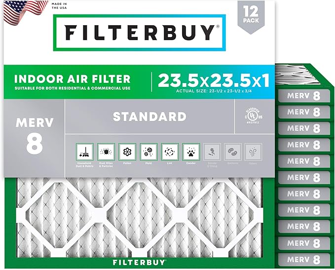 Filterbuy 23.5x23.5x1 Air Filter MERV 8 Dust Defense (12-Pack), Pleated HVAC AC Furnace Air Filters Replacement (Actual Size: 23.50 x 23.50 x 0.75 Inches)