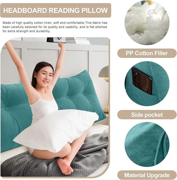 Large Triangular Headboard Pillows Long Backrest Positioning Support Bolster Cushion for Daybed Fluffy Quality Plush Body Wedge Pillow with Removable Cover(Light Blue-Twin/Twin XL-39x8x20 in)