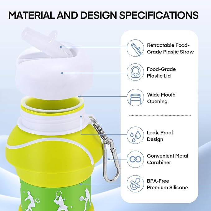 Kids Sports Collapsible Water Bottle | Ball Shaped Drinking Cup | Foldable BPA Free Leakproof Lightweight Silicon Jug | School Lunch Mug Team Gift Travel (Tennis 550ml/18.6oz)