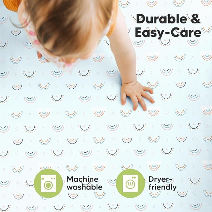 2-Pack Mini Crib Sheets Fitted, Pack and Play Sheets - Organic Cotton Pack N Play Sheets for Pack and Play Mattress, Playard Baby Crib Sheets, Jersey Crib Sheets Neutral for Boys (Jolly Rainbow)