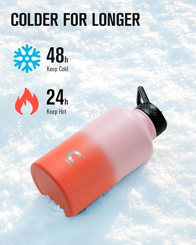 Coolplus Insulated Water Bottle 64 oz, Half Gallon Water Jug With Straw Stainless Steel Double-Walled Vacuum Metal Large Flask With Carry Sleeve for Sports Gym Ourdoor, Keep Cold 48 Hrs, Orange