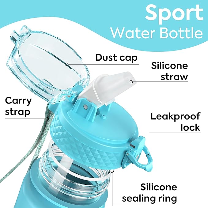 OLDLEY Kids Water Bottle with Straw 15 oz BPA-Free Leak-Proof Motivational Water Bottles with Time Marker for School Sports Travel Gym, Easy to Use for Girls Goys, 1 Straw Lid, Blue Purple