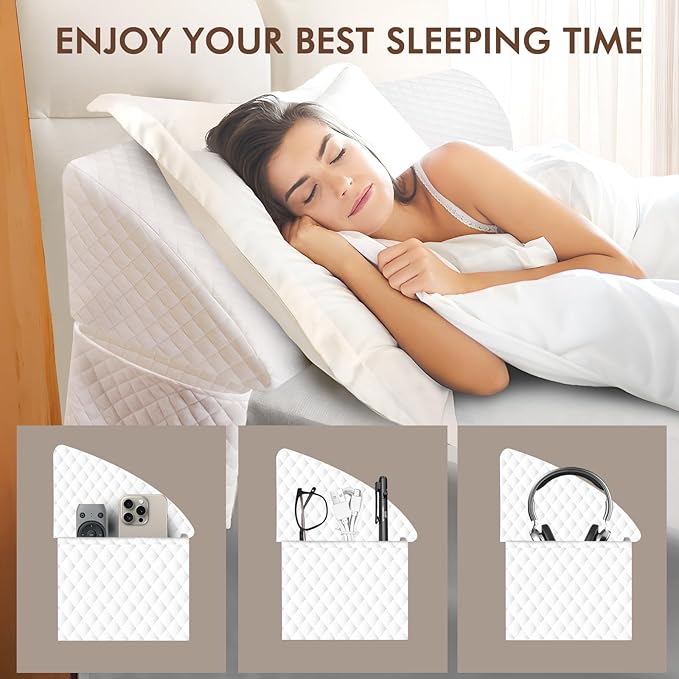 Wedge Pillow Headboard, Pillow Wedge for Headboard Gap with 2 Side Large Pocket, Bed Gap Filler (0-8"), Headboard Wedge Pillow King Size(White, 76"x10"x6")