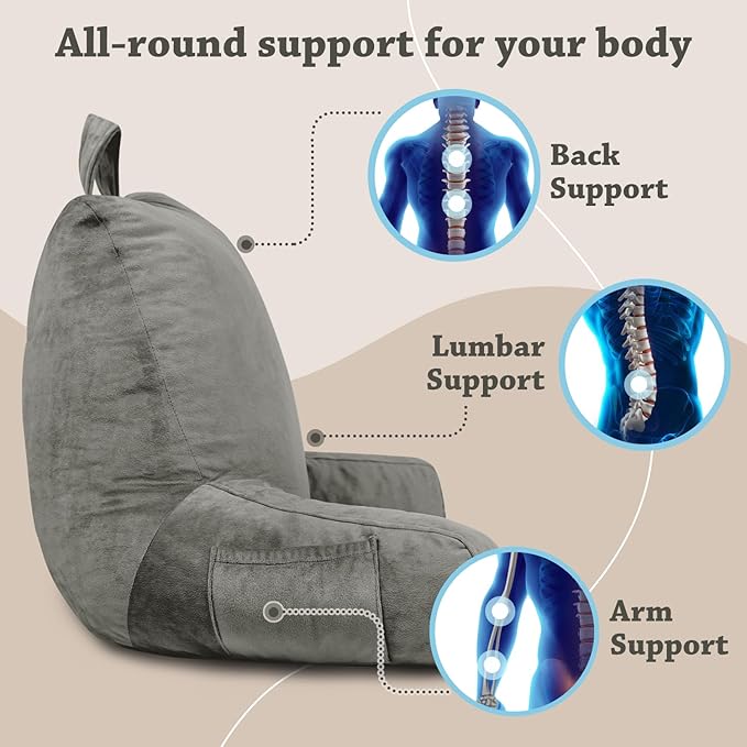 LOVTEX Reading Pillow with Removable Cover, Back Pillow for Sitting Up in Bed with Arms and Pockets, Bed Rest Pillow Adult, 20 x 15 Inches(Dark Grey)