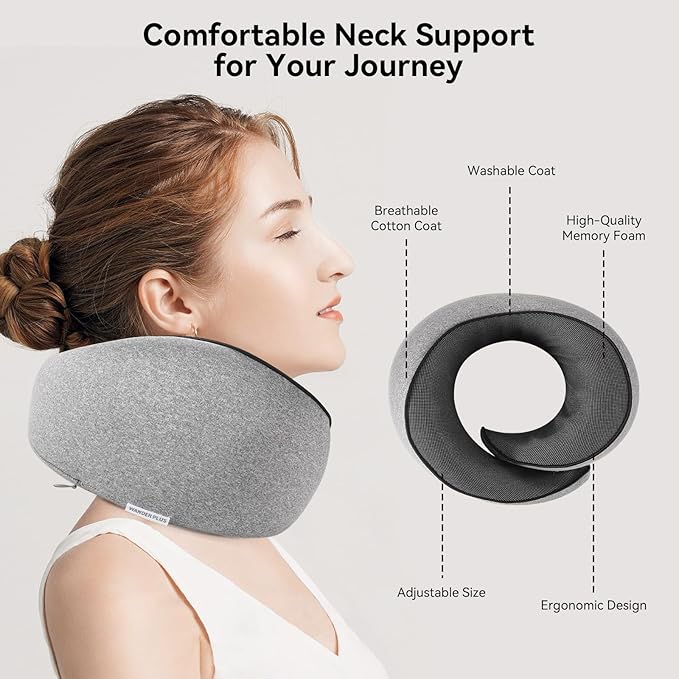 WANDER PLUS® Genuine Travel Pillow, 100% Pure Memory Foam Neck Pillow for Airplanes, Comfortable Breathable Cover, 360° Support Stowable Pillows for Sleeping, Car, Airport Travel Essentials, Grey