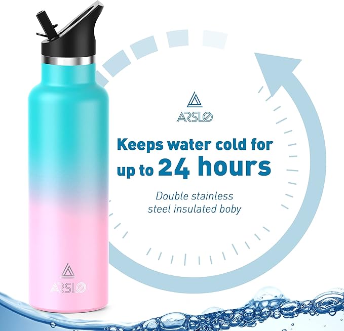Stainless Steel Double Wall Water Bottles 17oz, Vacuum Insulated Bottle With Straw Lid, Insulated Water Bottle Keeps Water Cold for 24 Hours, Hot for 12 Hours, Hiking, Sports