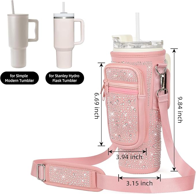 Bling Water Bottle Carrier Bag with Phone Pocket,Water Bottle Holder Bag for Stanley Cup Accessories,Cup Holder with Adjustable Shoulder Strap with Stanley 40 & 30 oz Tumbler,Pink