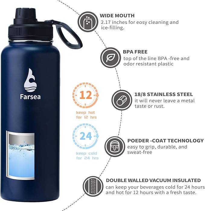 Farsea Insulated Water Bottle With Paracord Handle, Protective Boot and 2 Lids (Straw Lid & Spout Lid), Stainless Steel Water Bottle Wide Mouth, Double Wall Sweat-Proof BPA-Free, 40 oz