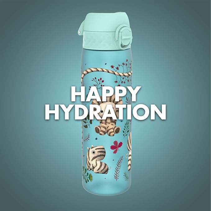 Ion8 Water Bottle, 500 ml/18 oz, Leak Proof, Easy to Open, Secure Lock, Dishwasher Safe, BPA Free, Hygienic Flip Cover, Carry Handle, Easy Clean, Odor Free, Carbon Neutral, Blue, Zebra Fans Design