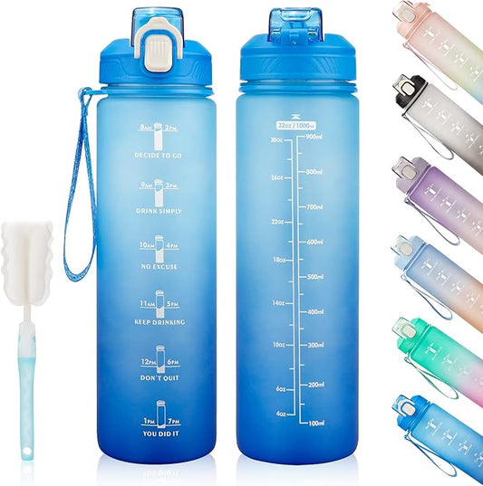 Motivational Water Bottle with Time Marker- 32oz Water Bottles with Times to Drink, Leakproof & BPA Free Sports Water Bottle with Straw & Carry Strap for Fitness, Gym, and Outdoor Sports