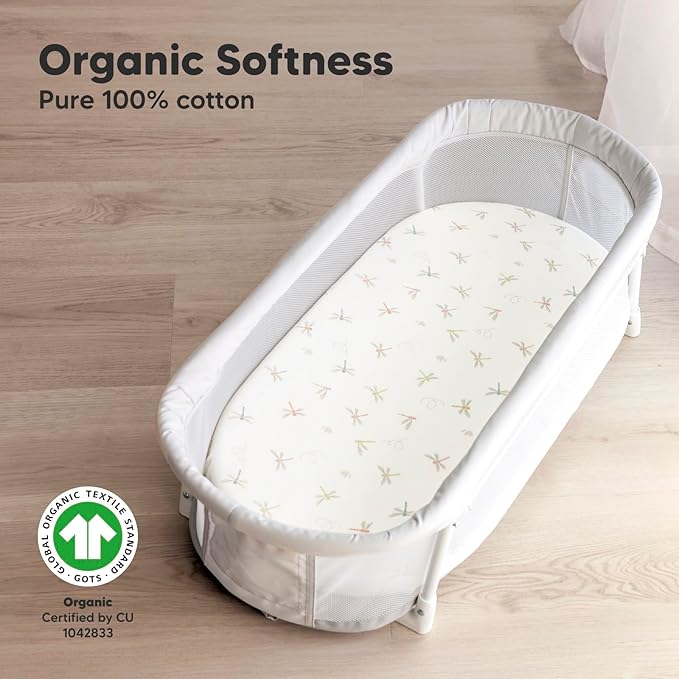 2-Pack Organic Bassinet Sheets for Girls, Boys - 100% Cotton Bassinet Mattress Sheets Compatible with Halo Bassinest Swivel Sleeper, Graco, Baby Delight, Chicco, Unisex Fitted Bassinet Sheets (Meadow)