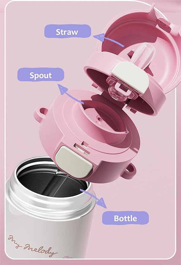 Melody Stainless Steel Insulated Water Bottle with Strap (Spout & Straw) 480ml - Pink