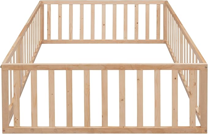 Full Size Floor Bedframe with Door and Safety Guardrails Fence, Solid Wooden Toddler Montessori Platform Bed for Children Bedroom, Boys Girls, Kids Playroom