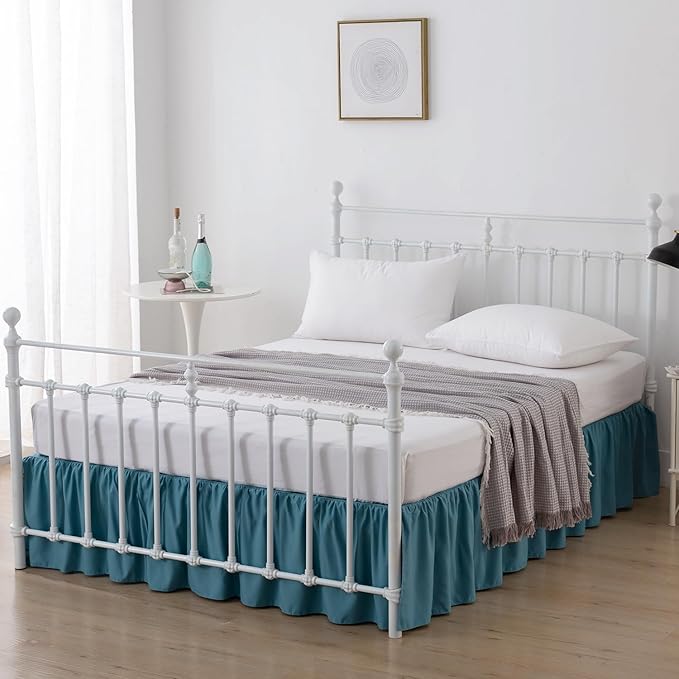 Bed Skirt Queen Size Ruffled Bed Skirt with Split Corners, 14 Inch Drop Dust Ruffle Bed Skirt with Platform, Teal Blue, 14''Queen