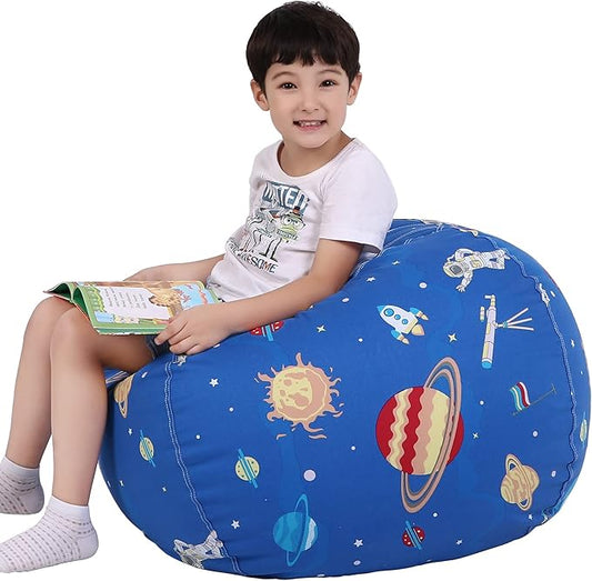 Lukeight Stuffed Animal Storage Bean Bag Chair Cover for Kids, Zipper Beanbag Chair Cover for Organizing Toddler and Kids' Rooms Plush Toys (Outer Space, Large)