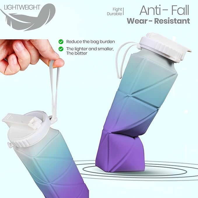 Collapsible Water Bottles with Straw Strap, BPA-Free Leak-Proof Silicone Collapsible Water Bottle Cup 620ml for Travel, Camping, Hiking, Cycling and Outdoor Sports (Blue-Purple Gradient)