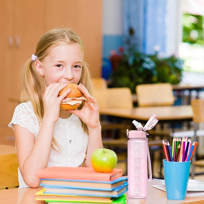 OLDLEY Kids Water Bottle for School, 17 oz (2 lids) BPA-Free Reusable Leak-proof Durable Tritan Plastic Water Bottles with Straw & Chug Lids, Anti-dust Spout Cover (Pink)