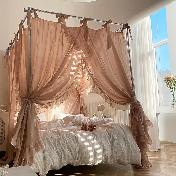 Canopy Bed Frame King Size Stainless Steel Canopy Poles for Bed, Canopy Bed Curtains King Bed Canopies & Drapes for 4 Corner Metal Bed Wood Bed Bedroom Decor