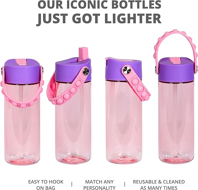 Elemental Leak Proof Water Bottles for Kids - Splash Kids Water Bottle for School with Fun Fidget Pop-it Handle - Tritan Plastic Water Bottle with Straw - Mermaid & Rose - 18oz (2 Pack)