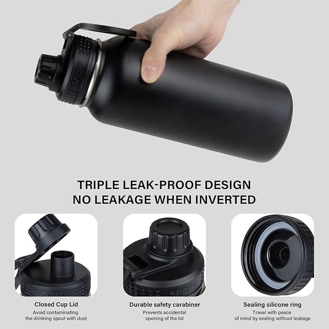 Magnetic Water Bottle with Phone Holder, 32oz Insulated Water Bottle Stainless Steel Travel Water Bottle for Gym, Hot 12H, Cold 24H (Black) (Black)