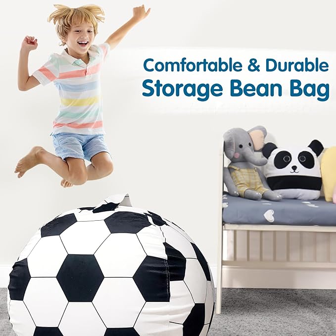 Lukeight Stuffed Animal Storage Bean Bag Chair Cover for Kids, Soccer Zipper Beanbag Chair Cover for Organizing Toddler and Kids' Rooms Plush Toys (Soccer Velvet, X-Large)