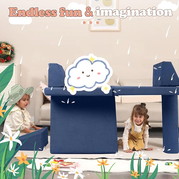 Kids Couch, 9 PCS Play Couch Sofa for Kids Imaginative Furniture Play Set for Creative Kids,Toddler to Teen Bedroom Furniture, Couch Sofa Foam Play Couch Indoor Outdoor（Chenille Blue）