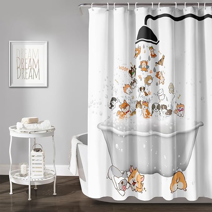 AILONEN Cute Corgi Shower Curtain for Kids 48" W*72" H Inch,Cartoon Dog Funny Animals Nursery Lovely Hilarious,12 Pack Hooks Polyester Waterproof Fabric Decor for Bathroom Bathtub Panels