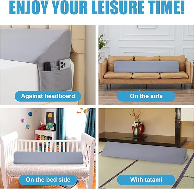 King Bed Wedge Pillow for Headboard, Foam Pillow Wedge for Headboard Gap, Mattress Bed Gap Filler King, Triangle Pillow Wedge, Anti-slip Bed Crack Pillow Space Filler King (76"×10"×6") Grey